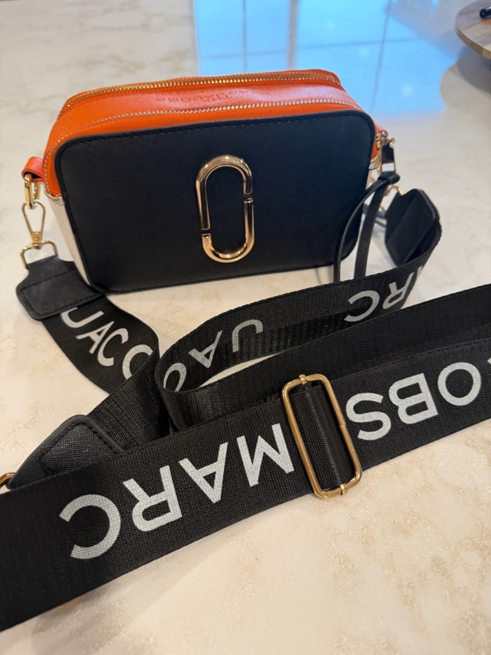 Marc Jacobs Black and Orange Snapshot Camera Bag with Logo Strap